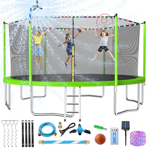 0797447918981 - LYROMIX UPGRADED 14FT TRAMPOLINE WITH LIGHTS, LARGE OUTDOOR TRAMPOLINE WITH SPRINKLER, STAKES, SOLAR LIGHTS, BACKYARD TRAMPOLINE WITH BASKETBALL HOOP AND NET, CAPACITY FOR 5-8 KIDS AND ADULTS