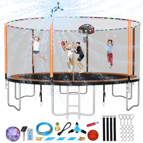 0797447919070 - LYROMIX 14FT OUTDOOR TRAMPOLINE, LARGE 14 FOOT TRAMPOLINE WITH STAKES, LIGHT, SPRINKLER, BACKYARD TRAMPOLINE WITH BASKETBALL HOOP AND NET, CAPACITY FOR 5-8 KIDS AND ADULTS