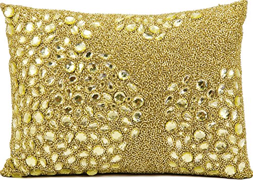 0798019031657 - MINA VICTORY BY NOURISON E5000 FULLY BEADED DECORATIVE PILLOW, 13 X 18, LIGHT GOLD