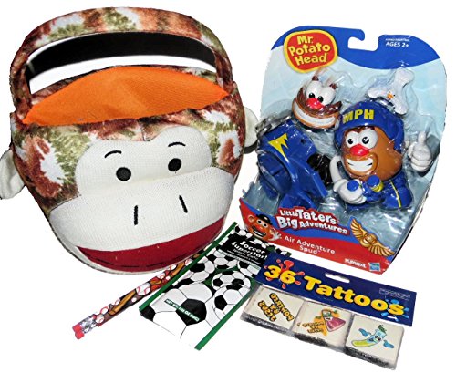 0798276475003 - BROWN SOCK MONKEY PLUSH EASTER BASKET FILLED WITH LITTLE MR. POTATO HEAD TOY, 36 TATTOOS, PENCILS & HOT COCOA MIX PACKET