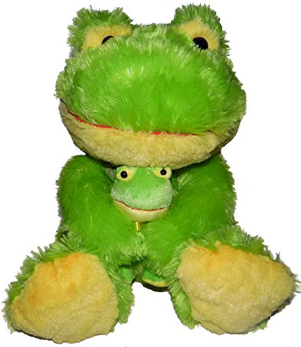 0798276476055 - PLUSH FLUFFY GREEN FROG HOLDING A BABY FROG STUFFED TOY 14 INCHES