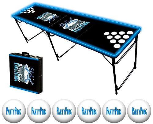 0798295706607 - 8-FOOT PROFESSIONAL BEER PONG TABLE W/ HOLES & GLOW LIGHTS - PARTY PONG LOGO