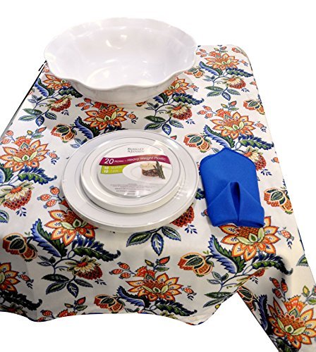 0798578820082 - SUMMER TABLE SETTING, INCLUDES INDOOR/OUTDOOR CYNTHIA ROWLEY FLORAL TABLECLOTH (60 X 102), LARGE WHITE MELAMINE SERVING BOWL, BLUE LINEN NAPKINS, PLASTIC WHITE AND SILVER DINNER AND SALAD PLATES, SERVICE FOR 10