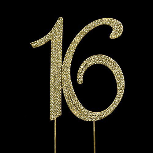 0798837467584 - SWEET 16 BIRTHDAY NUMBER CAKE TOPPER SPARKLING RHINESTONES WITH GOLD