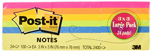 0799198096888 - POST-IT® NOTES, ORIGINAL PAD, 3 INCHES X 3 INCHES, ASSORTED NEON COLORS, VALUE PACK, 24 PADS PER PACK (TOTAL 2400)