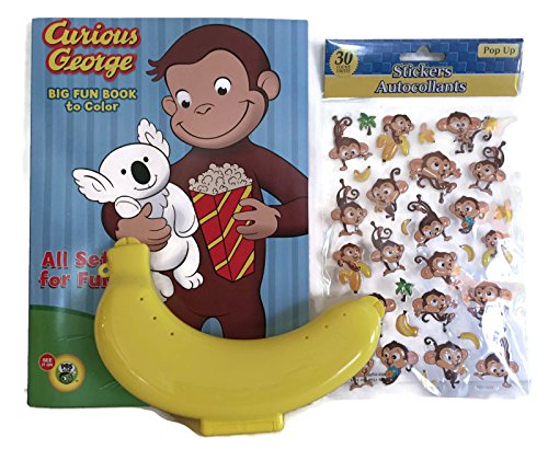 0799207044268 - CURIOUS GEORGE MONKEY BANANA STICKER BUNDLE - 3 ITEMS: PACKAGE OF MONKEY POP-UP STICKERS, ONE CURIOUS GEORGE COLORING BOOK, ONE BANANA KEEPER FOR SCHOOL LUNCHES.