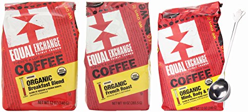0799430206761 - EQUAL EXCHANGE ORGANIC COFFEE GROUND VARIETY PACK WITH LONG COFFEE SPOON - BREAKFAST BLEND 12OZ, FRENCH ROAST 10OZ, MIND, BODY & SOUL 12OZ