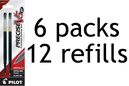 0799430364508 - VALUE PACK OF 6 - PILOT PRECISE V5 RT LIQUID INK REFILL, 2-PACK FOR RETRACTABLE ROLLING BALL PENS, EXTRA FINE POINT, BLACK INK