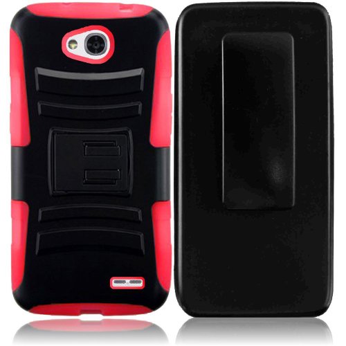 0799430877183 - HRWIRELESS(TM) FOR LG ACCESS L31G L31C SIDE STAND HOLSTER COVER CASE (BLACK/RED)