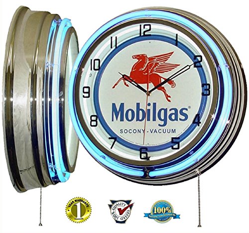 0799471419717 - MOBIL ONE MOBILGAS FLYING PEGASUS 18 DUAL NEON LIGHT WALL CLOCK GASOLINE GAS FUEL PUMP OIL SIGN BLUE
