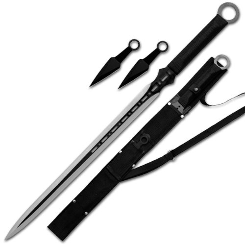 0799599879714 - NINJA SWORD 27 MACHETE W/ THROWING KNIFE FULL TANG TACTICAL BLADE KATANA BLACK