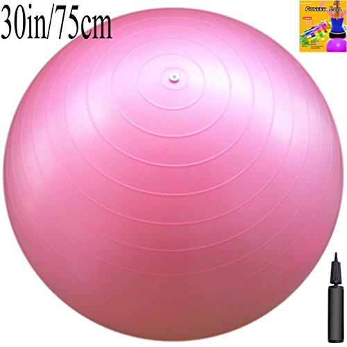 0799632994275 - FITNESS BALL WITH AIR PUMP, PINK, 75CM/30IN DIAMETER, INSTRUCTION CHART INCLUDED, EXERCISE GYM SWISS STABILITY BALL