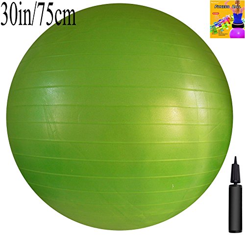 0799632994282 - FITNESS BALL WITH AIR PUMP, GREEN, 75CM/30IN DIAMETER, INSTRUCTION CHART INCLUDED, EXERCISE GYM SWISS STABILITY BALL