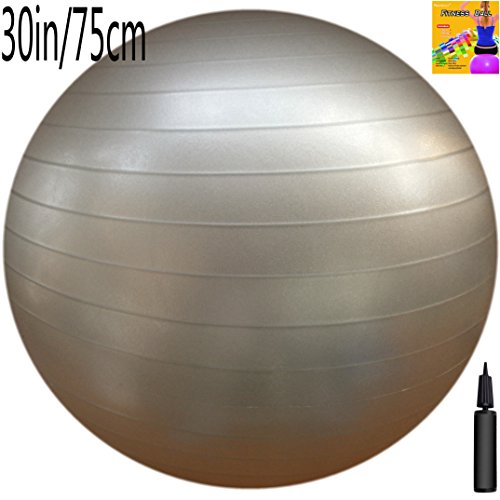 0799632994299 - FITNESS BALL WITH AIR PUMP, GREY, 75CM/30IN DIAMETER, INSTRUCTION CHART INCLUDED, EXERCISE GYM SWISS STABILITY BALL