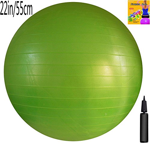 0799632994305 - FITNESS BALL WITH AIR PUMP, GREEN, 55CM/22IN DIAMETER, INSTRUCTION CHART INCLUDED, EXERCISE GYM SWISS STABILITY BALL