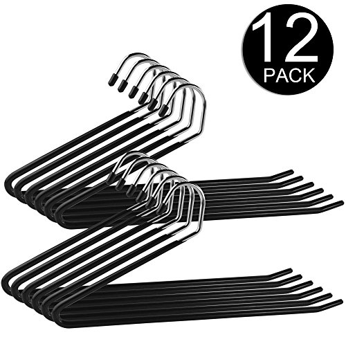 0799637074675 - SET OF 12 IPOW HEAVY DUTY SLACKS/TROUSERS HANGERS OPEN ENDED HANGER EASY SLIDE ORGANIZERS, METAL ROD WITH A LARGE DIAMETER, CHROME AND BLACK FRICTION
