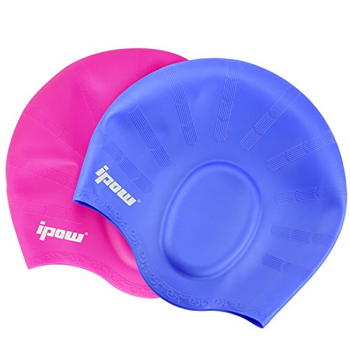 0799637091689 - 2 PACK,IPOW SOFT WRINKLE-FREE SILICONE SWIM SWIMMING CAP SOFT EAR PROTECTIVE BATING HAT CAP FOR SHORT AND MEDIUM LENGTH HAIR,BLUE+ROSE RED
