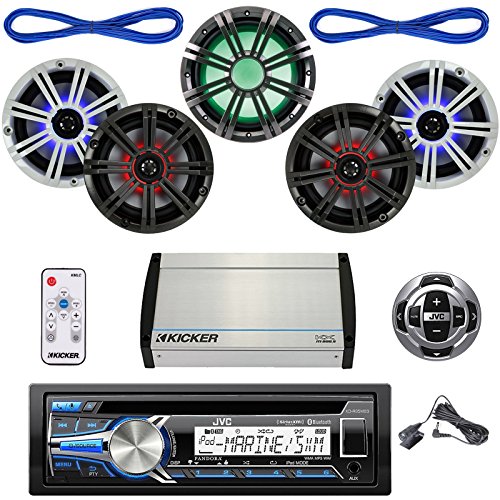 0799861390824 - JVC KD-R85MBS MARINE AUDIO STEREO SYSTEM BUNDLE WITH A STEREO REMOTE CONTROL + 1 KICKER KMW102 10 LED SUBWOOFER + 2 KICKER 8 COAXIAL LED SPEAKERS WITH LED REMOTE MARINE AMPLIFIRE + ENROCK 50FT WIRE