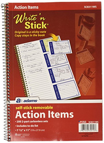 0799916026869 - ADAMS WRITE 'N STICK ACTION ITEM BOOK, SPIRAL BOUND, 2-PART, CARBONLESS, 7.5 X 11 INCHES, WHITE, 200 SETS PER BOOK (SC8311WS)