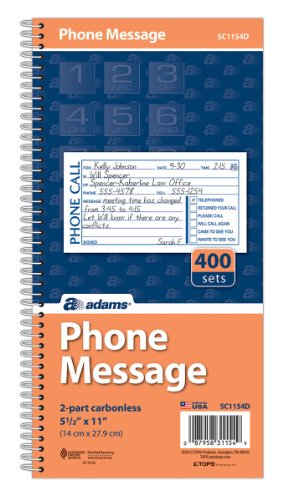 0799916342723 - ADAMS PHONE MESSAGE BOOK, CARBONLESS DUPLICATE, 5.50 X 11 INCHES, 4 SETS PER PAGE, 400 SETS PER BOOK (SC1154D)