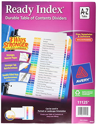 0799916443918 - AVERY READY INDEX TABLE OF CONTENTS DIVIDERS, 26-TAB, 1 SET
