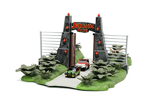 0801310342442 - JURASSIC PARK 30TH ANNIVERSARY JURASSIC GATE NANO SCENE DIORAMA W/ TWO 1.65 DIE-CAST CARS, TOYS FOR KIDS AND ADULTS