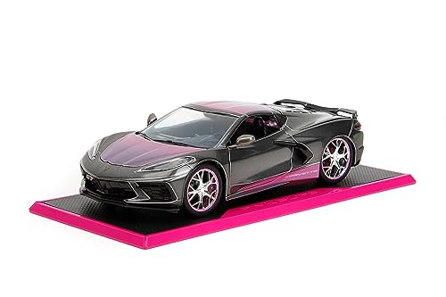 0801310348482 - PINK SLIPS 1:24 20020 CHEVY CORVETTE STINGRAY DIE-CAST CAR, TOYS FOR KIDS AND ADULTS(METALLIC GREY/PINK)