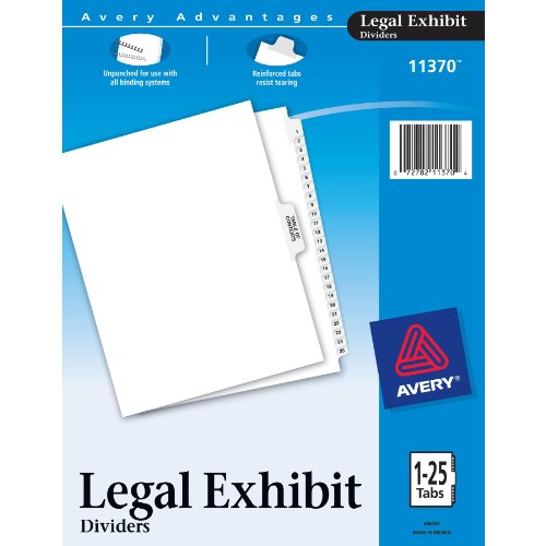 0801593075976 - AVERY PREMIUM COLLATED LEGAL EXHIBIT DIVIDER SET, AVERY STYLE, 1-25 AND TABLE OF CONTENTS, SIDE TAB, 8.5 X 11 INCHES, 1 SET