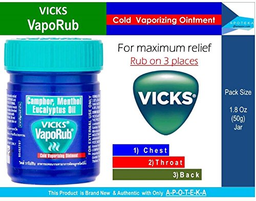 0801883155272 - VICKS VAPORUB TOPICAL CREAM (COLD VAPAORIZING OINTMENT 1.8 OZ IDEAL SIZE FOR FAMILY) THAT WORK QUICKLY TO RELIEVE YOUR COUGH, NASAL CONGESTION, MUSCLE ACHES AND PAINS DUE TO COLDS FOR MAXIMUM RELIEF RUB ON 3 PLACES 1) THROAT 2) CHEST AND 3) BACK