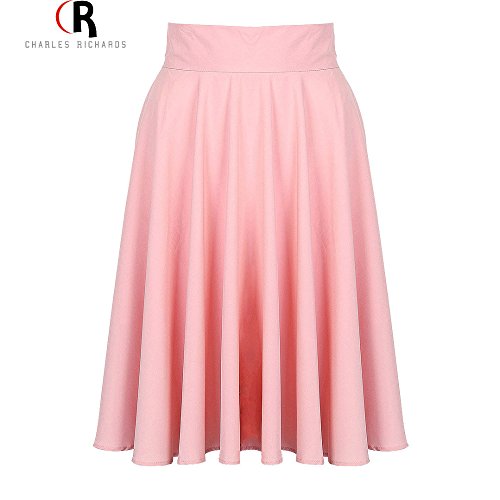 0801989914629 - CHAKIT* MIDI SKIRT 2016 SUMMER WOMEN CLOTHING HIGH WAIST PLEATED A LINE SKATER VINTAGE CASUAL KNEE LENGTH SAIA PETTICOAT(SIZE M) (PINK)