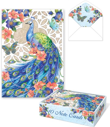 0802126437407 - PUNCH STUDIO DIE-CUT PEACOCK NOTE CARDS -- SET OF 10 BLANK CARDS AND LINED ENVELOPES