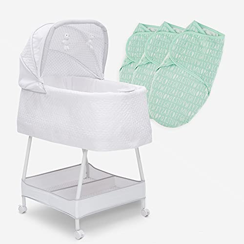 0080213115852 - SIMMONS KIDS SILENT AUTO GLIDING ELITE BASSINET WITH 3-PACK OF 100% COTTON ADJUSTABLE SWADDLE WRAPS IN 3 SIZES FOR GROWING BABIES, ODYSSEY/GREEN