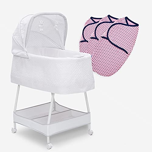 0080213115876 - SIMMONS KIDS SILENT AUTO GLIDING ELITE BASSINET WITH 3-PACK OF 100% COTTON ADJUSTABLE SWADDLE WRAPS IN 3 SIZES FOR GROWING BABIES, ODYSSEY/PINK