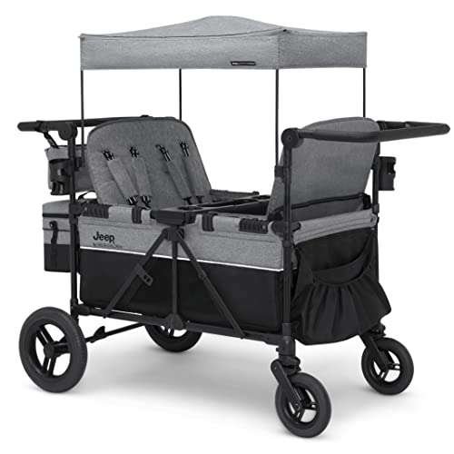 0080213124977 - JEEP WRANGLER DELUXE 4 SEATER STROLLER WAGON BY DELTA CHILDREN - PREMIUM QUAD STROLLER WAGON FOR 4 KIDS WITH CONVERTIBLE SEATS, ADJUSTABLE PUSH/PULL HANDLES, REMOVABLE CANOPY & FLAT FOLD, GREY