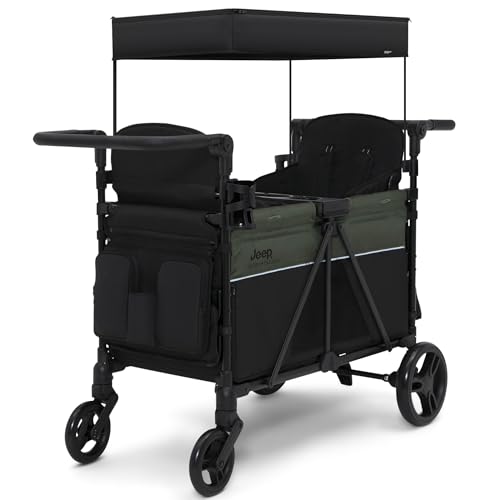 0080213130992 - JEEP ARIES STROLLER WAGON BY DELTA CHILDREN - PREMIUM WAGON FOR 2 KIDS WITH CONVERTIBLE SEATS, ADJUSTABLE PUSH/PULL HANDLES, REMOVABLE CANOPY & FLAT FOLD - GREENGUARD GOLD CERTIFIED, BLACK/GREEN