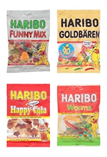 0802700480256 - HARIBO FUNNY MIX FRUIT FLAVOUR SWEET FOAM AND JELLY CANDY 100G+HARIBO GOLDBÄREN FRUIT FLAVOUR GUMS 100G+HARIBO HAPPY-COLA COLA FLAVOUR GUMS 100G+HARIBO WORMS FRUIT FLAVOUR JELLY CANDY 100G