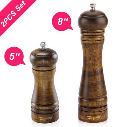 0802974645160 - 2PCS 5 AND 8 CLASSIC STYLE WOODEN SALT AND PEPPER MILLS GRINDER SET WITH CERAMIC CORE HAND MANUAL HERB & SPICE TOOL