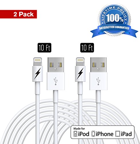 0802991148859 - (2 PACK) 10 FT CERTIFIED IPHONE 5 & 6 CHARGING CABLE LIGHTNING CORD - GENUINE AUTHENTICATION CHIP ENSURES THE FASTEST CHARGE AND SYNC FOR LATEST IPADS IPODS & IOS DEVICES. LIFETIME GUARANTEE!
