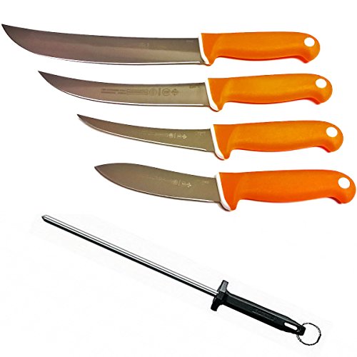 0802991440670 - MUNDIHUNT BY MUNDIAL - 5 PIECE MEAT PROCESSING KNIFE SET WITH SHARPENING STEEL - SOFT-GRIP HANDLE - STAINLESS STEEL BLADES