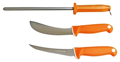 0802991440939 - MUNDIAL MUNDIHUNT MEAT PROCESSING SET BY MAD COW CUTLERY - SKINNING KNIFE, BONING KNIFE AND DUAL CUT STEEL - SOFT GRIP KNIFE HANDLES IN HUNTER ORANGE, 3 PIECE