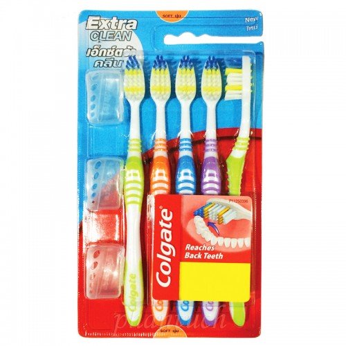 0803104499752 - COLGATE EXTRA CLEAN 3+2 ADULT MEDIUM HEAD TOOTHBRUSH/5 COUNT***FREE! TOOTHBRUSH HEAD COVER,REACHES BACK TEETH,NON-SLIP RUBBER GRIP PROVIDES SUPERIOR COMFORT AND CONTROL