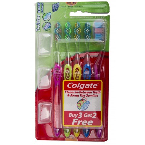 0803104605528 - COLGATE TOOTHBRUSH TWISTER MODEL;3 GET 2 FREE ***FREE! TOOTHBRUSH HEAD COVER- 5 COUNT (COLORS MAY VARY),WITH UNIQUE TWISTER BRISTLE PATTERN, IT CLEANS IN-BETWEEN TEETH AND ALONG THE GUMLINE