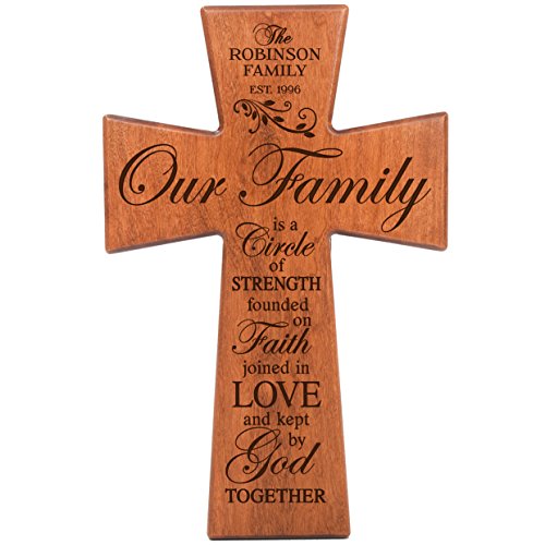 0803422656073 - PERSONALIZED OUR FAMILY IS A CIRCLE OF STRENGTH CHERRY WOOD WALL CROSS CUSTOM HOUSEWARMING GIFTS BY DAYSPRING MILESTONES (7X11)