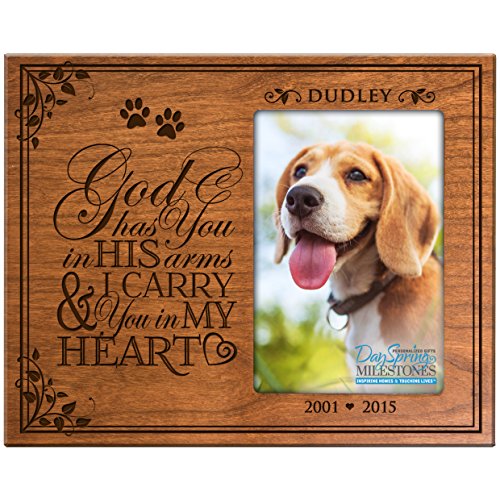 0803422676125 - PERSONALIZED PET MEMORIAL GIFT, SYMPATHY PHOTO FRAME, GOD HAS YOU IN HIS ARMS & I CARRY YOU IN MY HEART, CUSTOM FRAME BY DAYSPRING MILESTONES USA MADE HOLDS 4X6 PHOTO