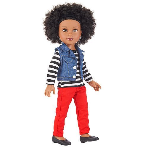 0803516066771 - JOURNEY GIRLS 18 INCH LONDON DOLL - CHAVONNE (STRIPED SHIRT WITH VEST AND RED PANTS)