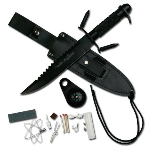 0805319056362 - SURVIVOR HK-217LB FIXED BLADE KNIFE WITH SURVIVAL KIT, BLACK REVERSE SERRATED BLADE, BLACK METAL HANDLE, 9-1/2-INCH OVERALL