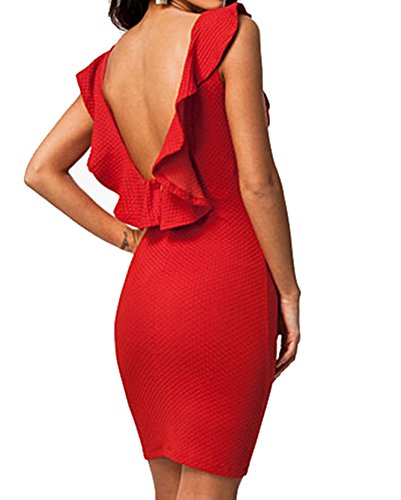 0805731106928 - MADE2ENVY TEXTURED BODYCON OPEN BACK RUFFLED DRESS (M, RED) C21078MR