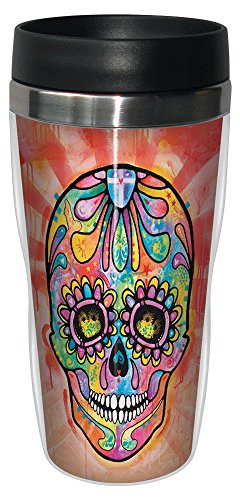 0805866782141 - TREE-FREE GREETINGS 78214 DEAN RUSSO SPECTRAL SUGAR SKULL SIP 'N GO STAINLESS LINED TRAVEL MUG, 16-OUNCE