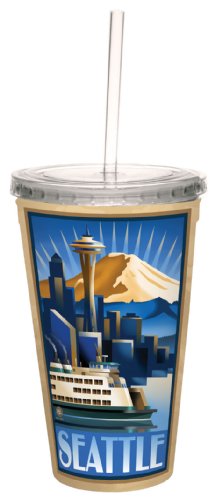 0805866804256 - TREEFREE GREETINGS 80425 SEATTLE SUNRISE BY PAUL A. LANQUIST ARTFUL TRAVELER DOUBLE-WALLED ACRYLIC COOL CUP WITH STRAW, 16-OUNCE, MULTICOLORED