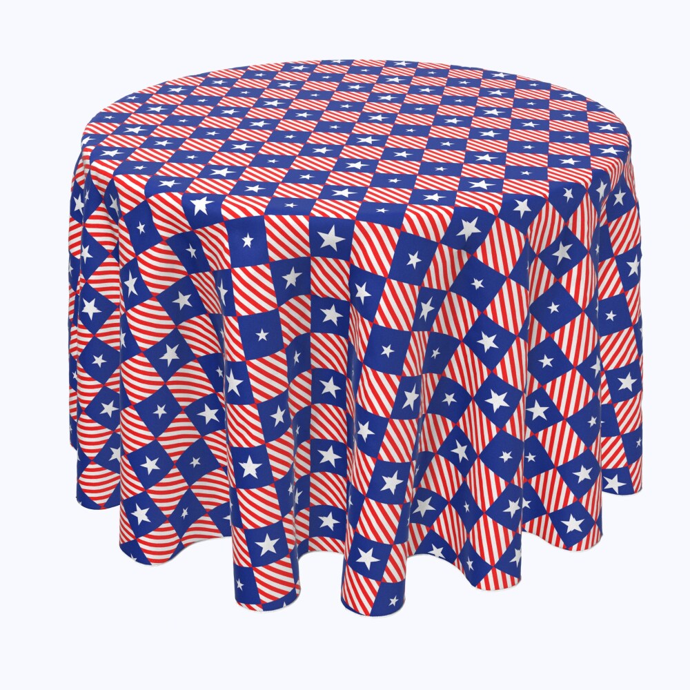 0080610281112 - ROUND TABLECLOTH, 100% POLYESTER, 120 ROUND, BLUE DIAMONDS IN RED STRIPES